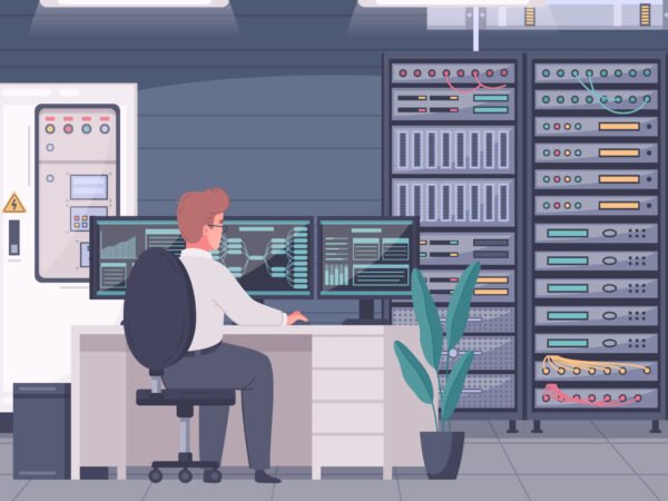 Datacenter cartoon composition with indoor view of data analysts working place with desktop computer and servers vector illustration